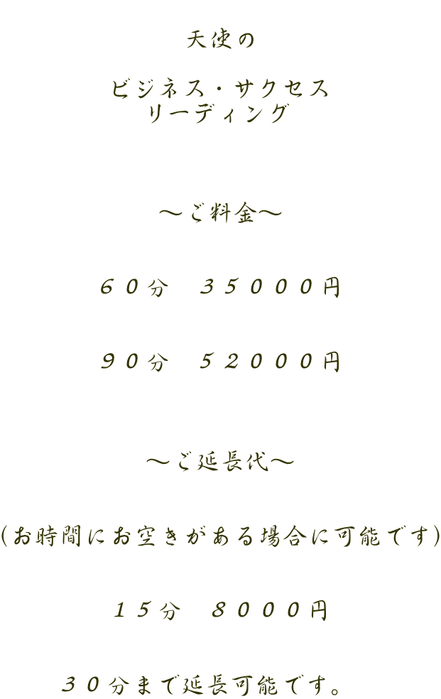  天使の  ビジネス・サクセス リーディング    ～ご料金～   ６０分　３５０００円   ９０分　５２０００円    ～ご延長代～   （お時間にお空きがある場合に可能です）   １５分　８０００円   ３０分まで延長可能です。　